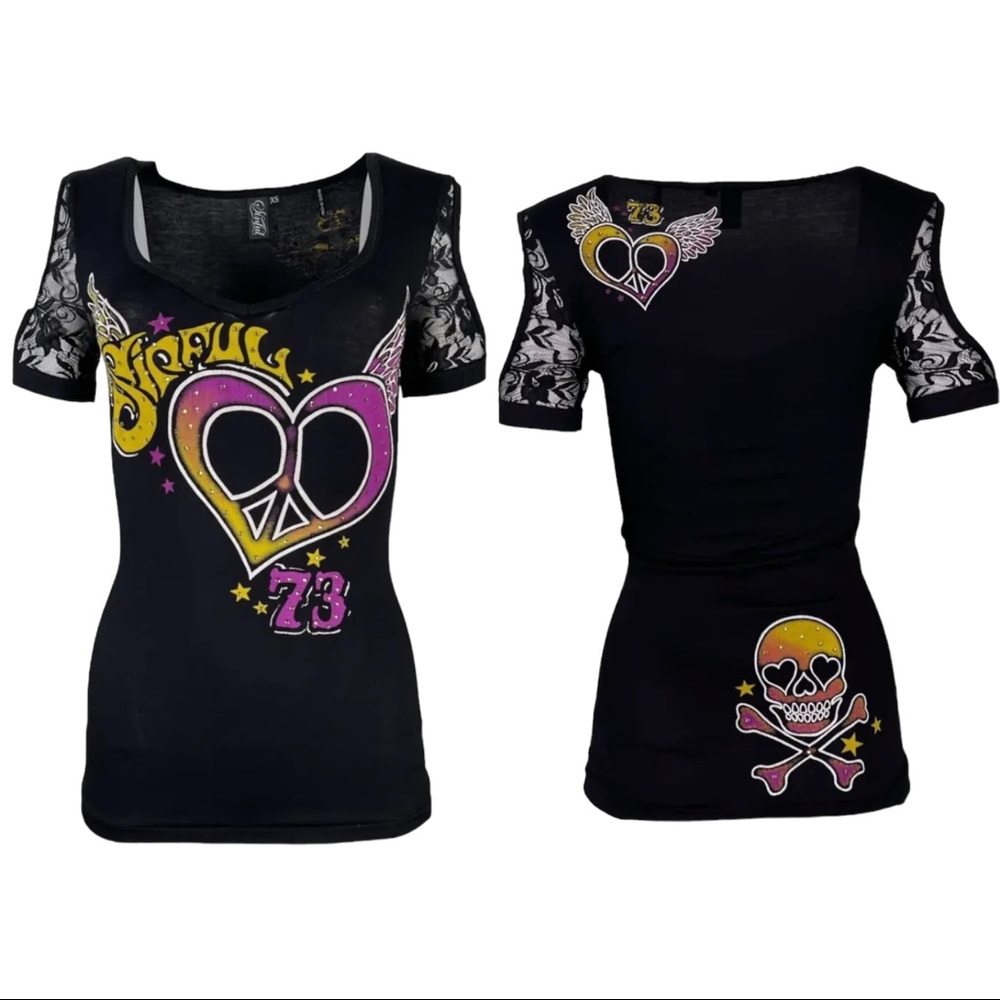 Affliction Black Short Sleeve Tee with Pink, Yellow & Purple Heart Peace Graphic